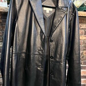 Worthington Women’s Black Genuine Leather Jacket Blazer Size L Button Front